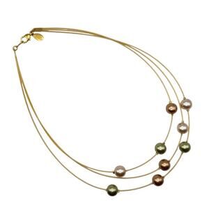 NWOT JOAN RIVERS 3 Layer Faux Pearl Station Wire Necklace Green Pink Champagne